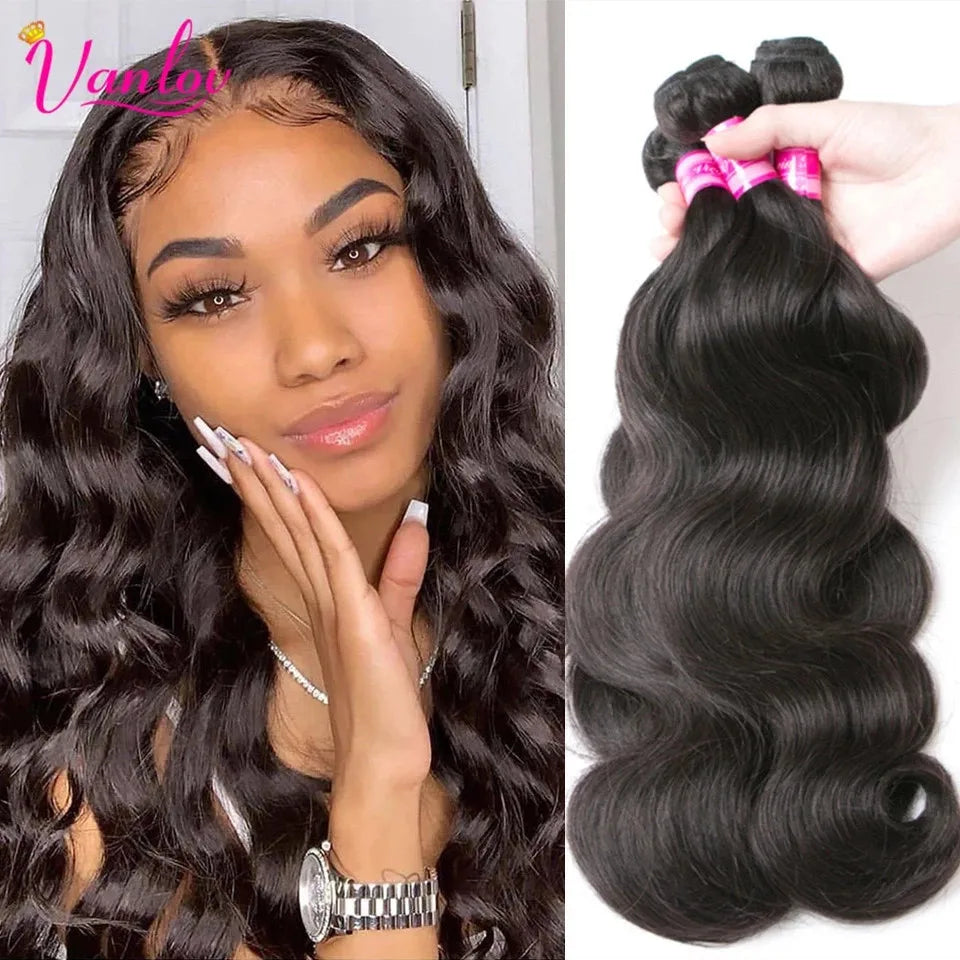 Vanlov Brazilian Body Wave Hair Bundles Human Hair Weave Bundles Natural Black/Jet Black 1/3/4 Piece 8-30” Remy Hair Extensions