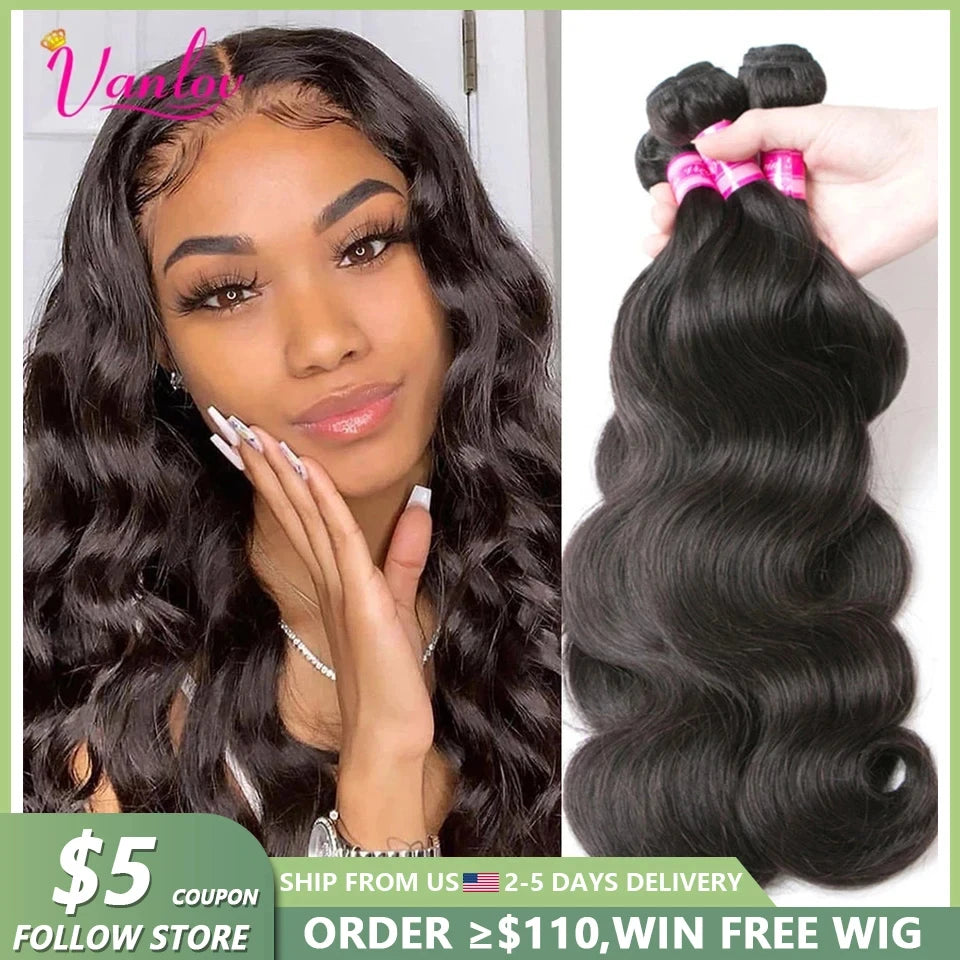 Vanlov Brazilian Body Wave Hair Bundles Human Hair Weave Bundles Natural Black/Jet Black 1/3/4 Piece 8-30” Remy Hair Extensions