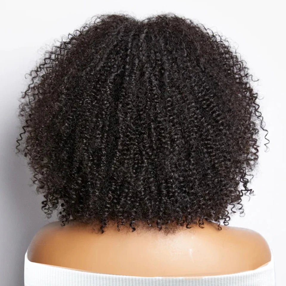 Short Afro Kinky Curly Wig With Bangs Peruvian Highlight Brown Glueless Full Machine Wig 250 Density For Black Women Human Hair