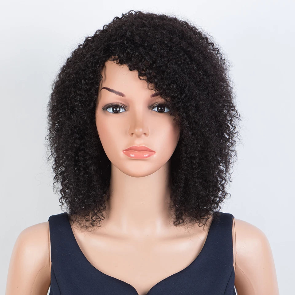 Sleek Peruvian Afro Kinky Curly Human Hair Wigs Human Hair Wig With Bangs Natural Black Jerry Curly Short Bob Wig For Women