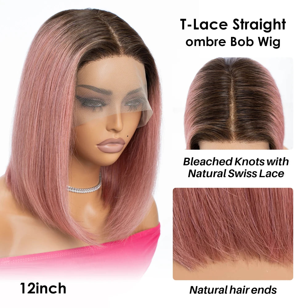 Sleek Ombre Pink Transparent Short T Lace Bob Human Hair Wigs Peruvian Straight 13x6x2 Lace Front Wig For Women Pre Plucked