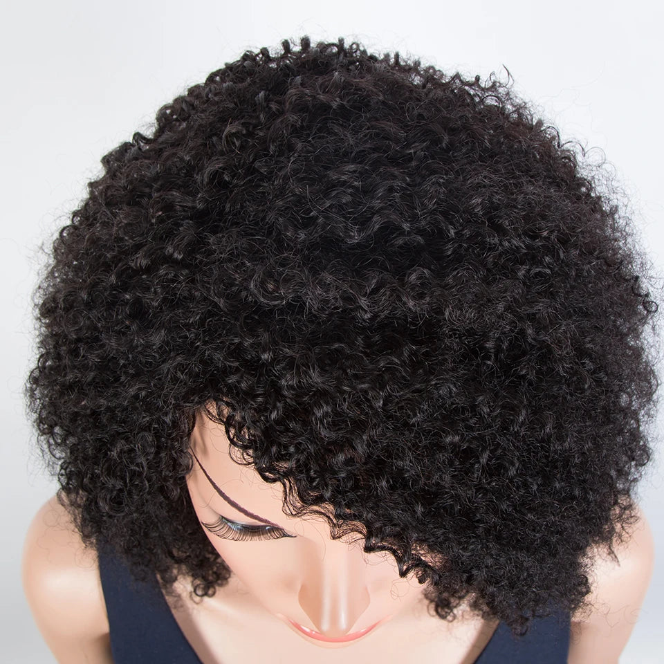 Sleek Peruvian Afro Kinky Curly Human Hair Wigs Human Hair Wig With Bangs Natural Black Jerry Curly Short Bob Wig For Women