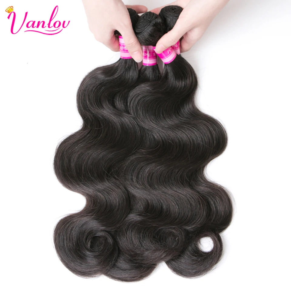 Vanlov Brazilian Body Wave Hair Bundles Human Hair Weave Bundles Natural Black/Jet Black 1/3/4 Piece 8-30” Remy Hair Extensions
