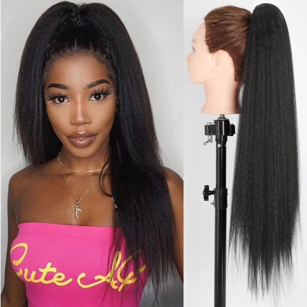 Synthetic Yaki Straight Drawstring Ponytail 26 Inches Drawstring Pony Tail Kinky Straight Ponytail Hair Extension for Women