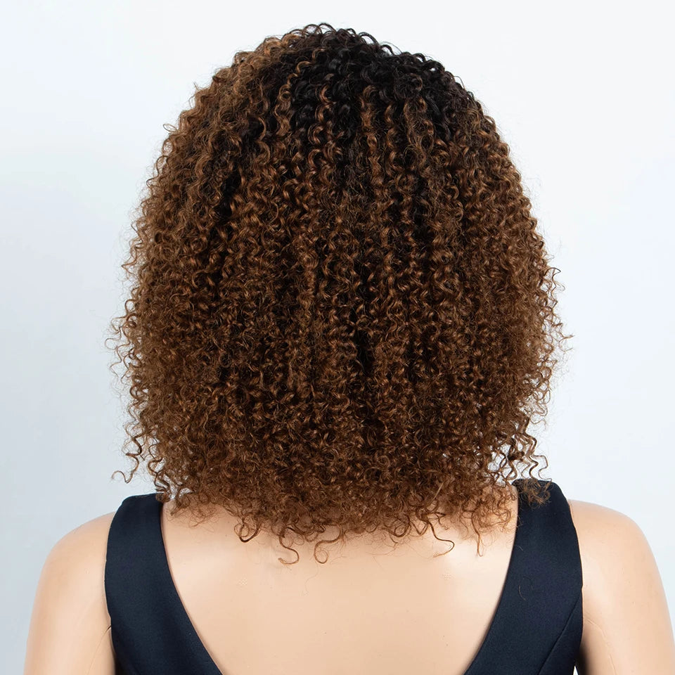 Sleek Peruvian Afro Kinky Curly Human Hair Wigs Human Hair Wig With Bangs Natural Black Jerry Curly Short Bob Wig For Women