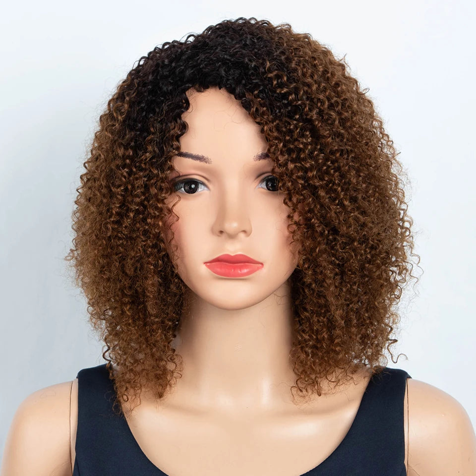 Sleek Peruvian Afro Kinky Curly Human Hair Wigs Human Hair Wig With Bangs Natural Black Jerry Curly Short Bob Wig For Women