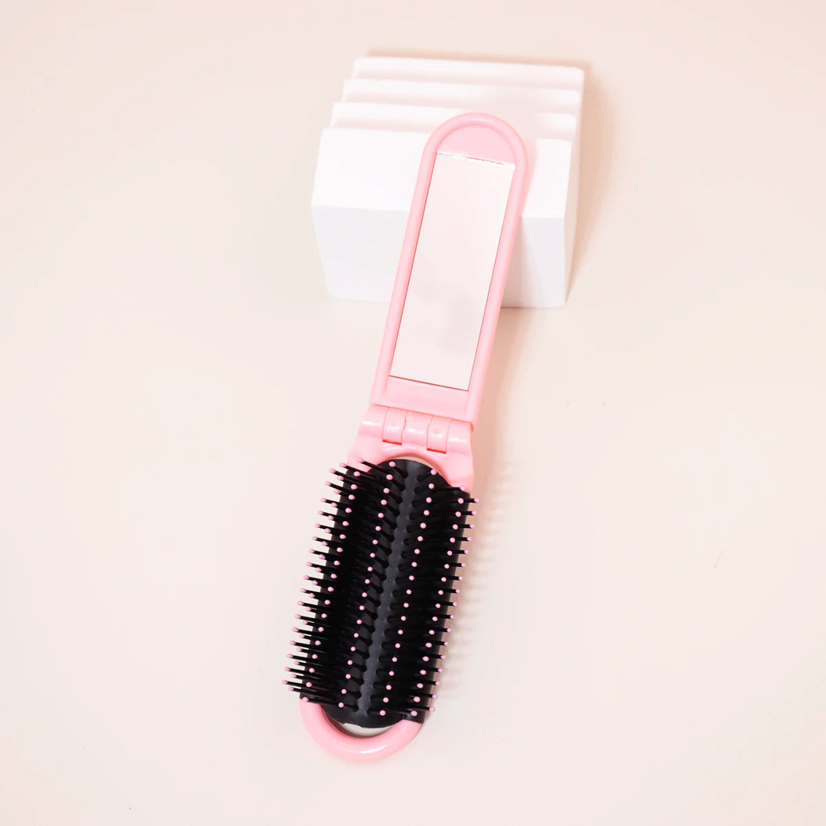 1pc Folding travel mirror hair brush, portable mini massage hair brush, suitable for outings，Special for real hair wigs