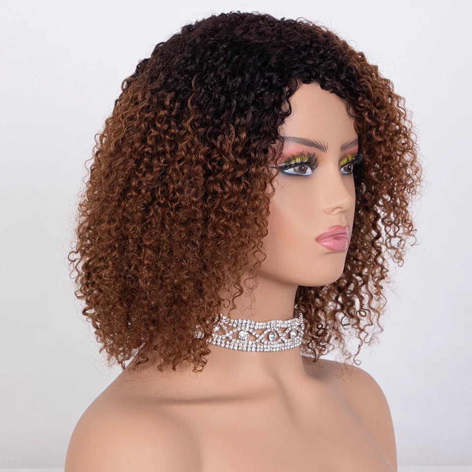Sleek Afro Kinky Curly Human Hair Wigs Ombre Highlight Human Hair Wig With Bangs Colored Brazilian 4a Curly Bob Wig For Women