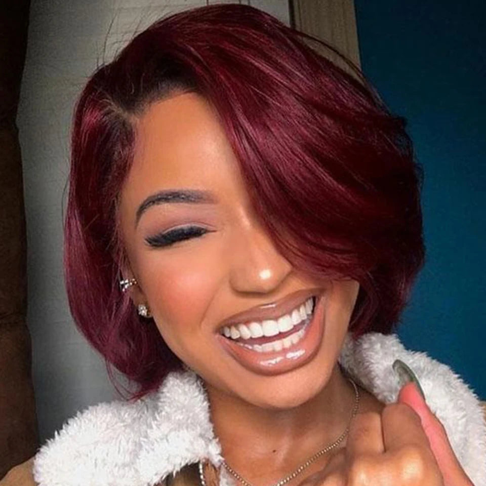 Sleek Burgundy Short Bob Wig With Bangs Side Part Bob Human Hair Wigs For Black Women Colored 99J Brown Brazilian Hair Wigs