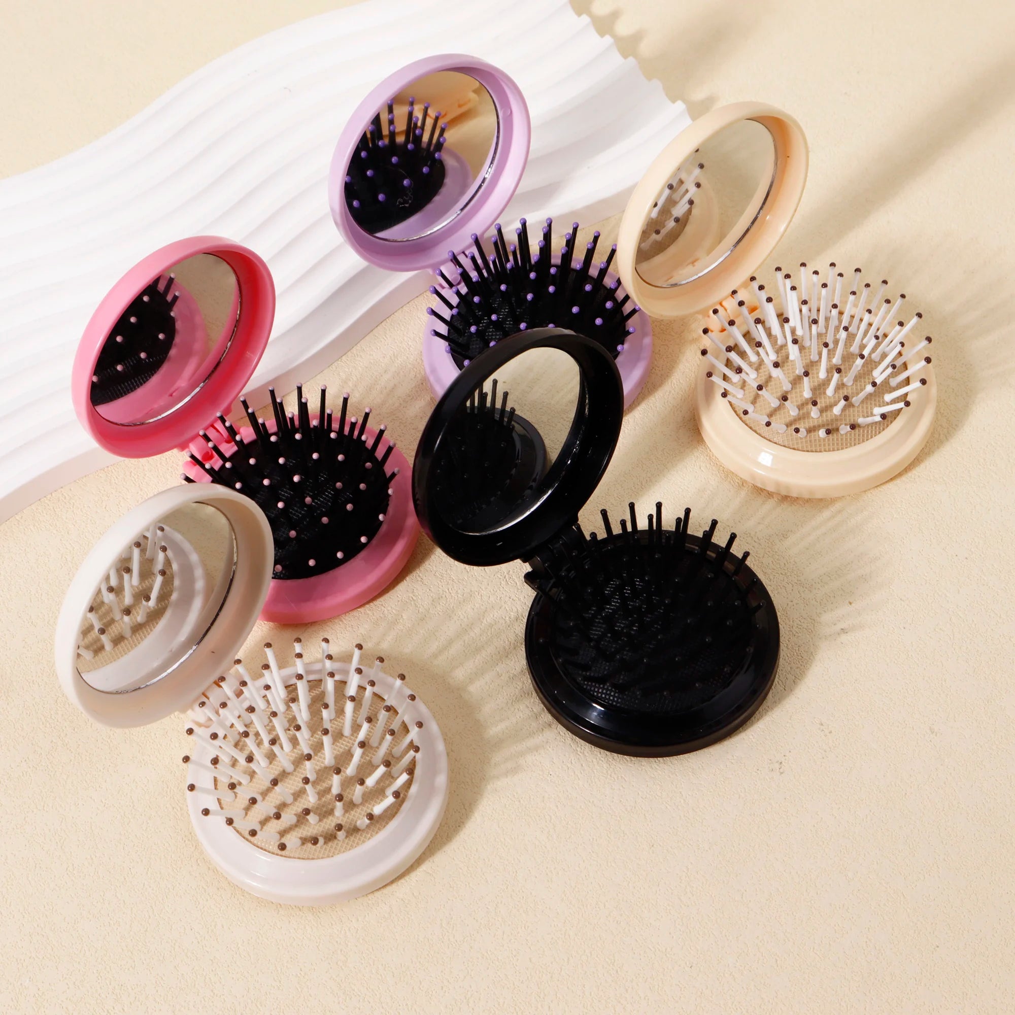 5pcs foldable airbag comb,foldable pocket comb with mini makeup mirror,integrated flip cover design,Special for real hair wigs