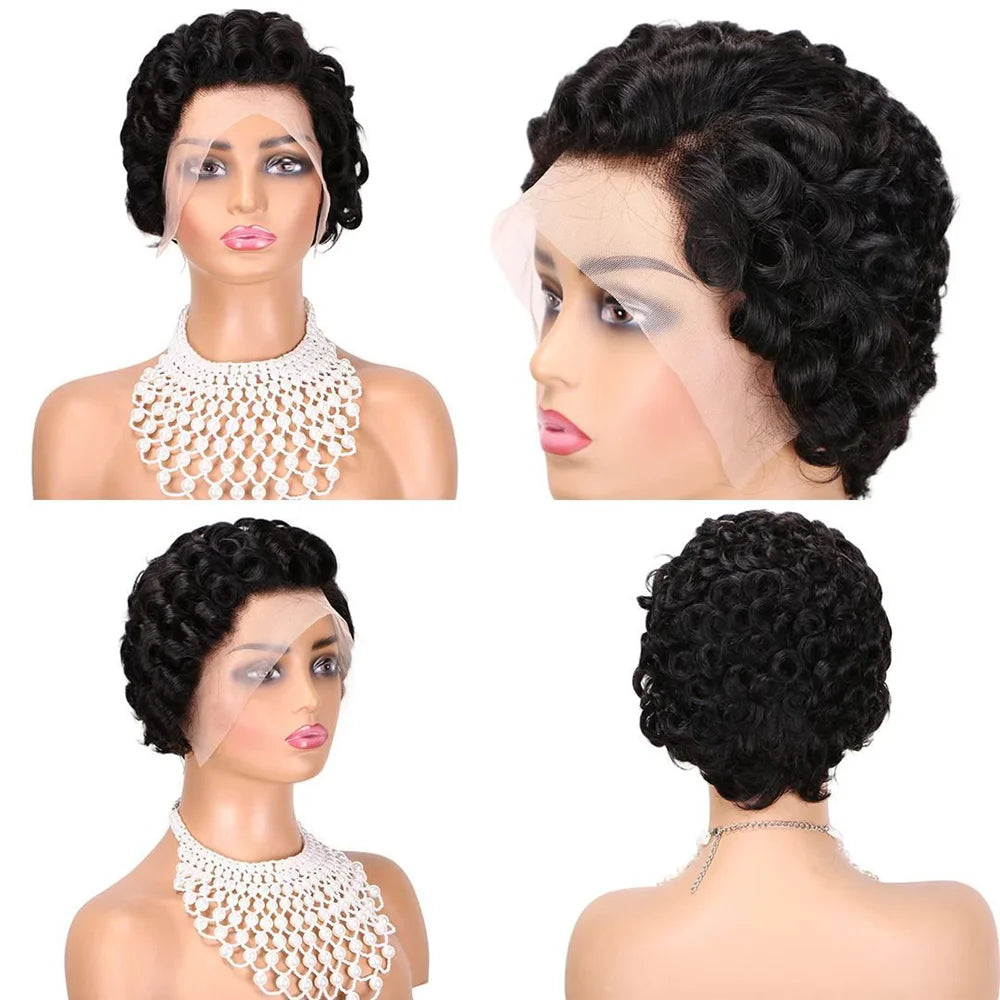 6inch Short Bob Wig Loose Curly 100% Human Hair Wig Lace Frontal 13x4 Human Hair Wigs 180% Density Natural Color for Black Women