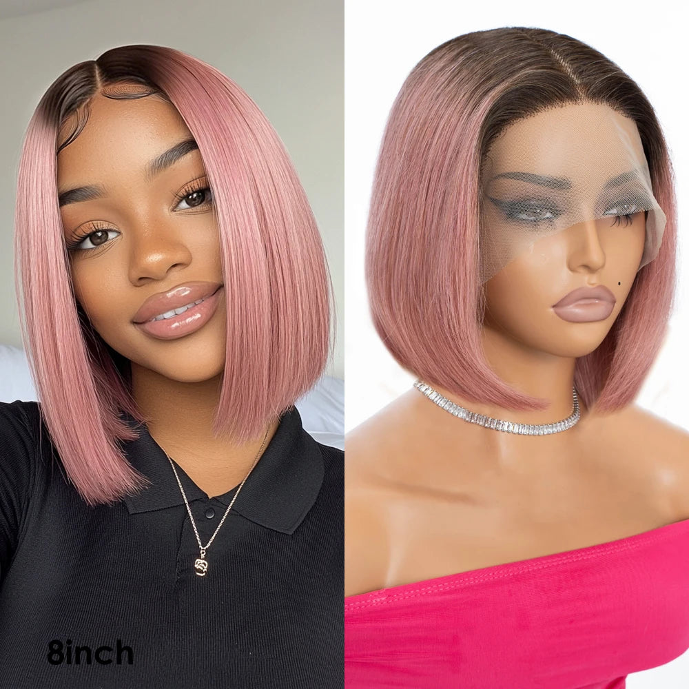 Sleek Ombre Pink Transparent Short T Lace Bob Human Hair Wigs Peruvian Straight 13x6x2 Lace Front Wig For Women Pre Plucked