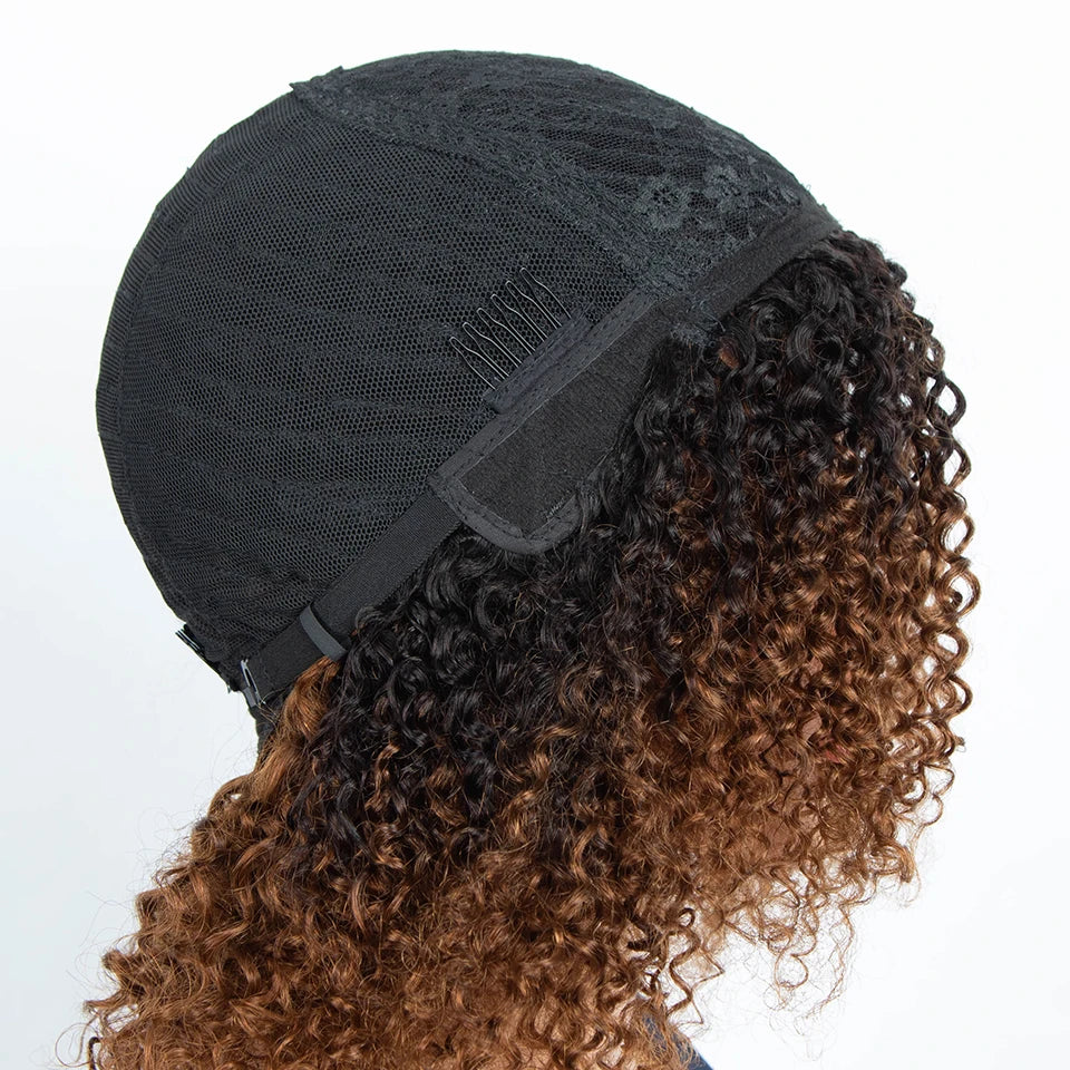 Sleek Peruvian Afro Kinky Curly Human Hair Wigs Human Hair Wig With Bangs Natural Black Jerry Curly Short Bob Wig For Women