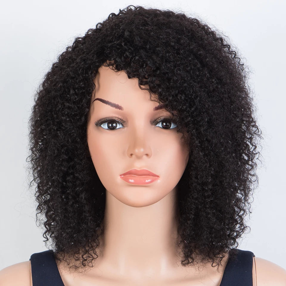 Sleek Peruvian Afro Kinky Curly Human Hair Wigs Human Hair Wig With Bangs Natural Black Jerry Curly Short Bob Wig For Women