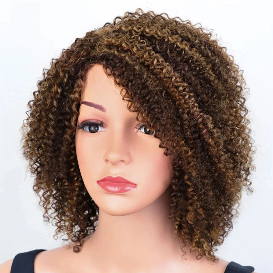 Sleek Peruvian Afro Kinky Curly Human Hair Wigs Human Hair Wig With Bangs Natural Black Jerry Curly Short Bob Wig For Women
