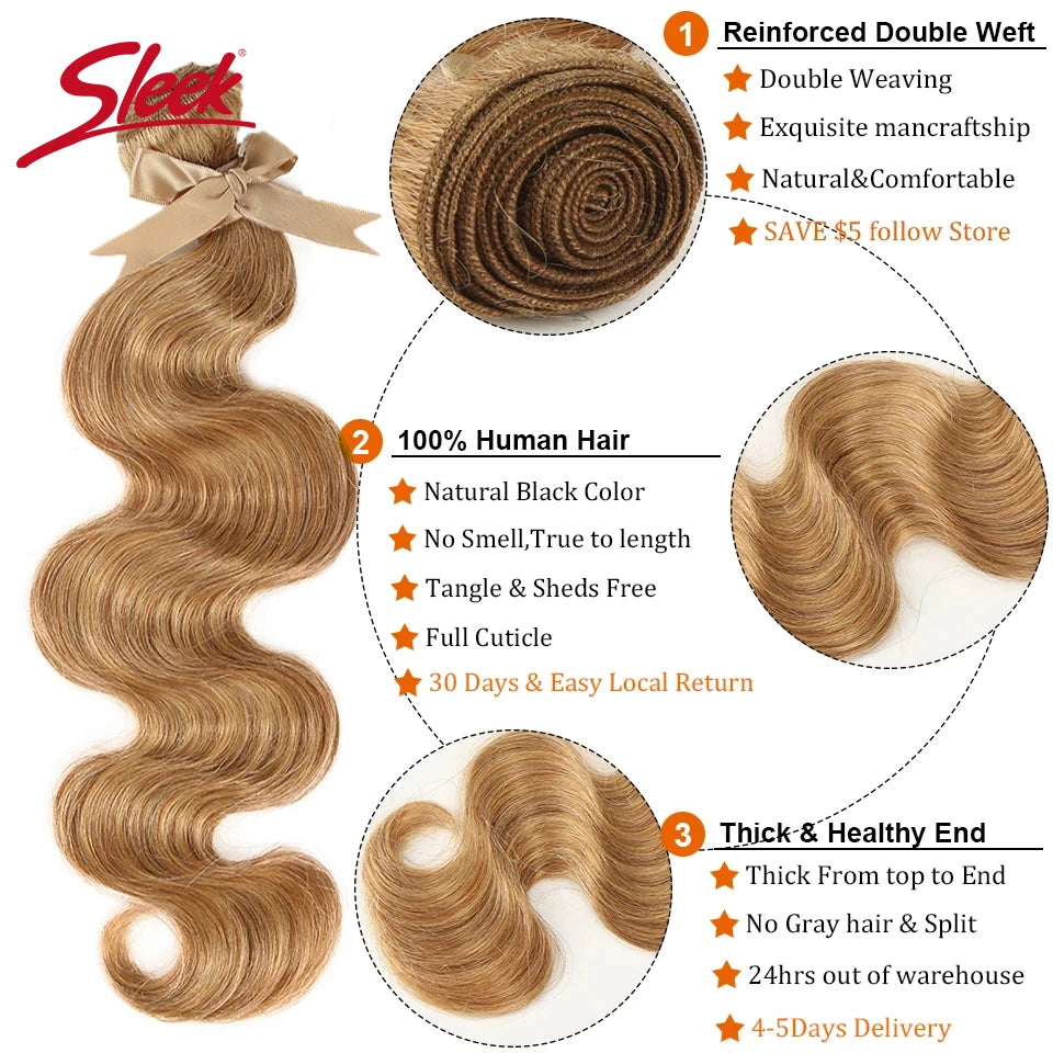 Big Sale Sleek Honey Blonde 27 Colored Brazilian Body Wave Natural Remy Hair Bundles 8 To 26 Inches Sold 1/3/4 Hair Extension
