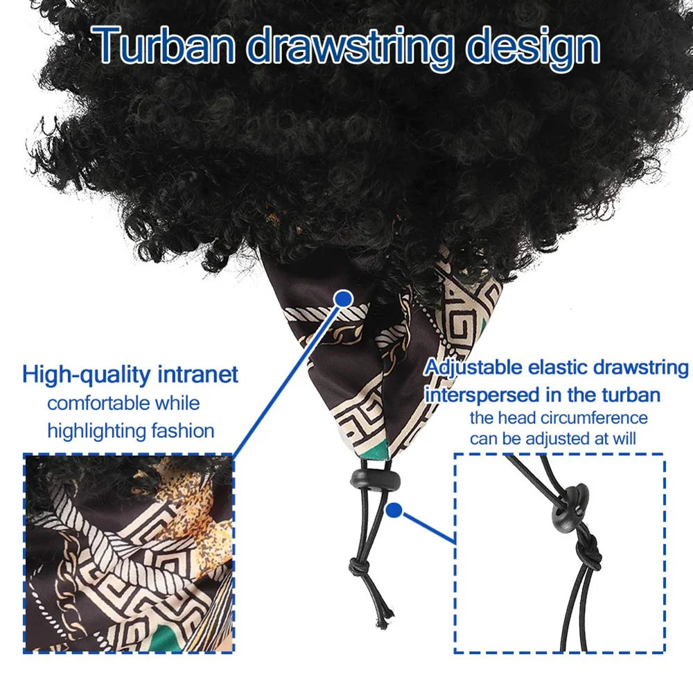 Short Afro Curly Wigs with Bangs Wrap Headband Wigs 2 in 1 Synthetic Turban Wig Afro Scarf Wig 4inch Natural Curly Cosplay Wig