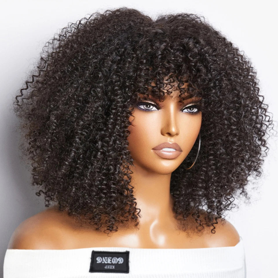Short Afro Kinky Curly Wig With Bangs Peruvian Highlight Brown Glueless Full Machine Wig 250 Density For Black Women Human Hair