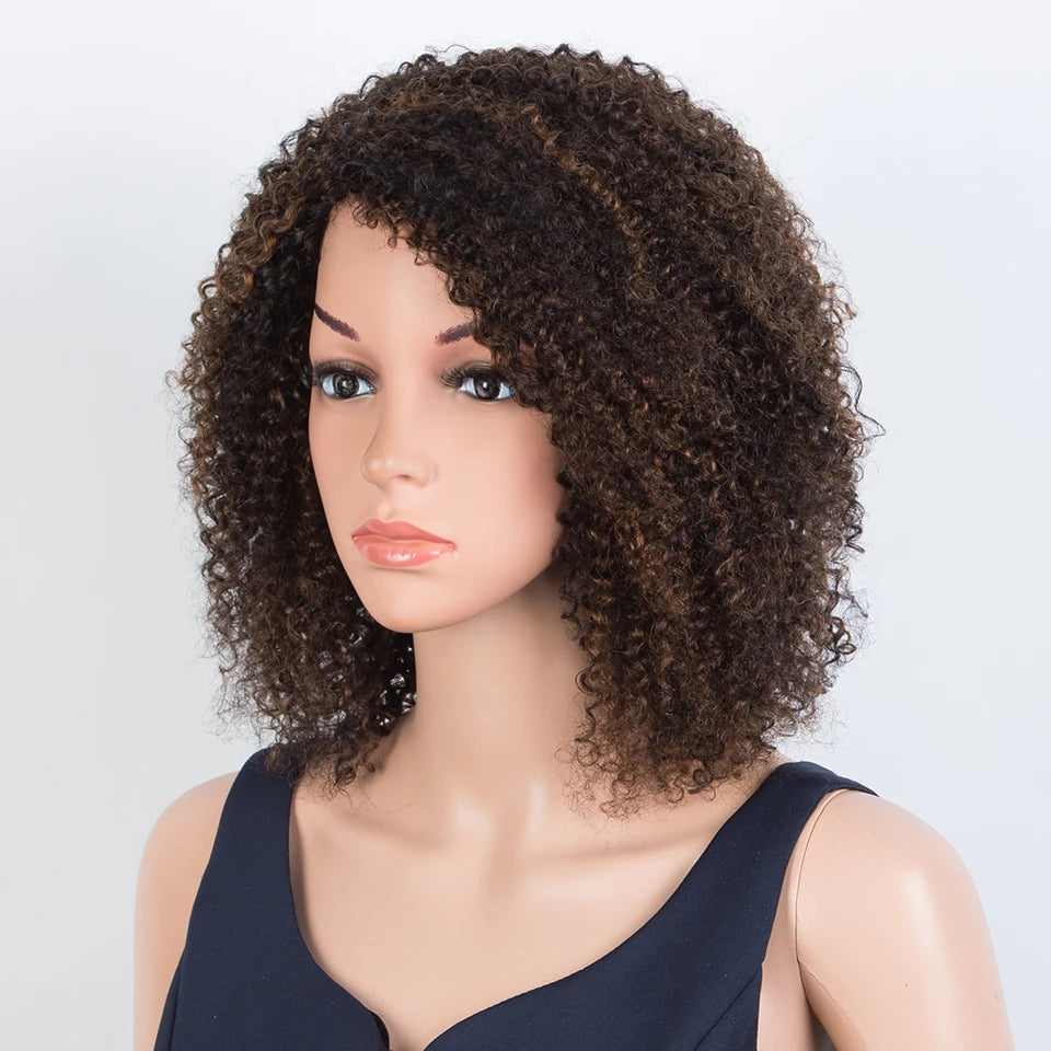 Sleek Peruvian Afro Kinky Curly Human Hair Wigs Human Hair Wig With Bangs Natural Black Jerry Curly Short Bob Wig For Women