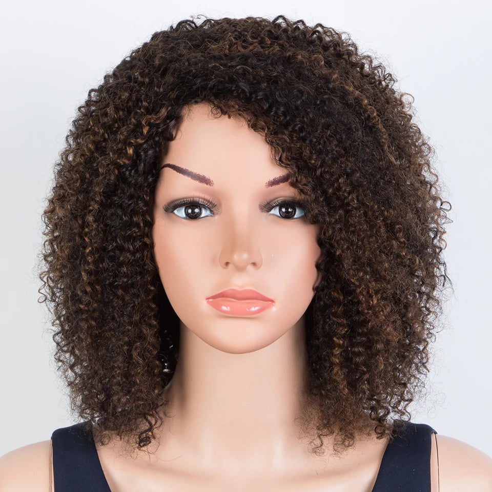 Sleek Peruvian Afro Kinky Curly Human Hair Wigs Human Hair Wig With Bangs Natural Black Jerry Curly Short Bob Wig For Women