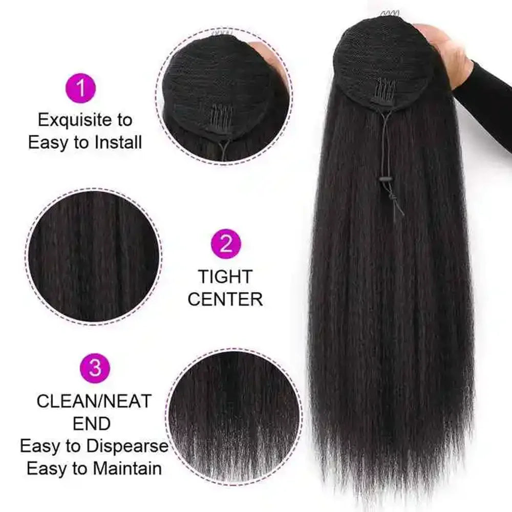 Synthetic Yaki Straight Drawstring Ponytail 26 Inches Drawstring Pony Tail Kinky Straight Ponytail Hair Extension for Women