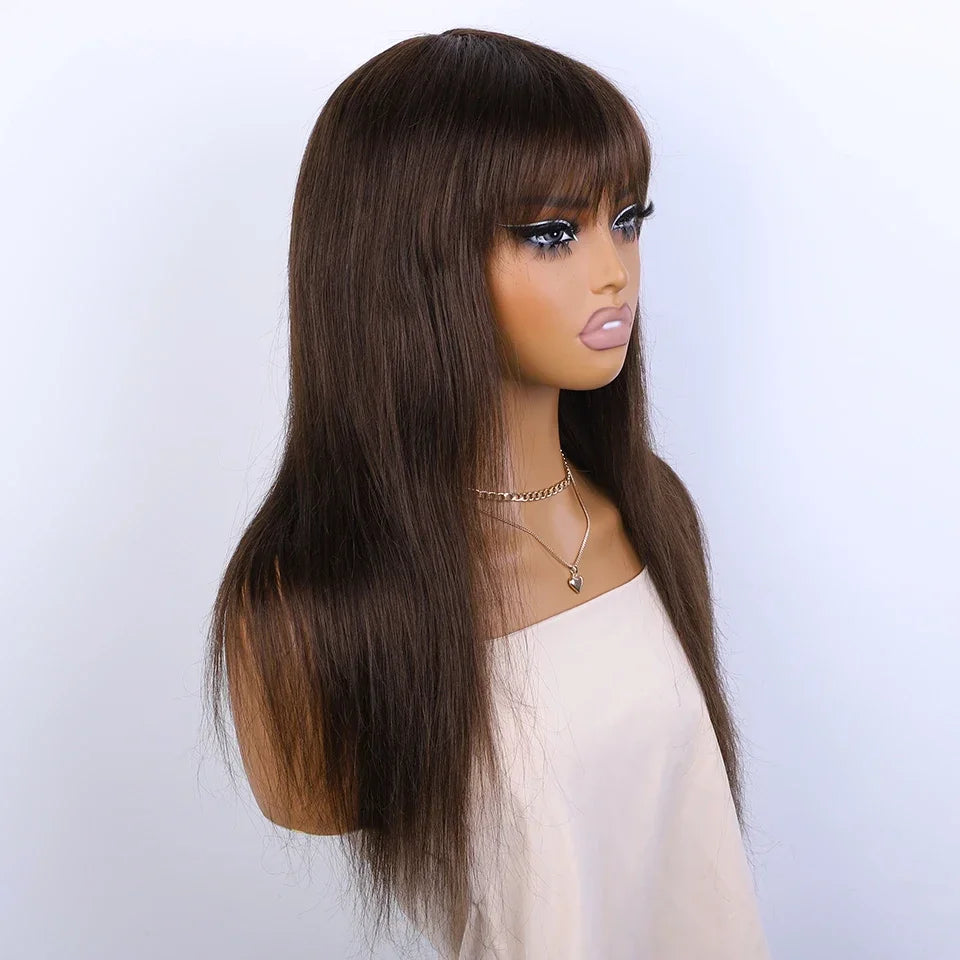 Sleek Natural Brown Long Straight 100% Human Hair Wig With Bangs For Women Brazilian Remy Hair Full Machine Made Daily Wigs