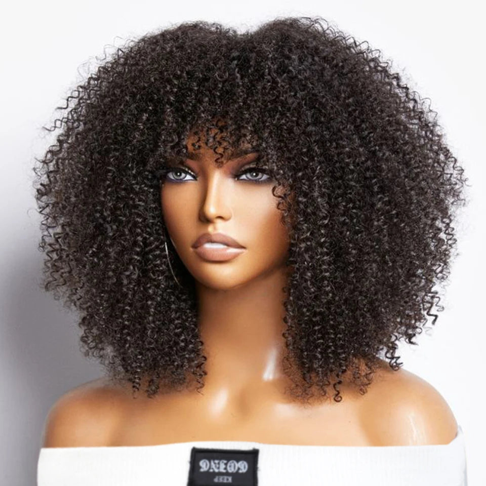 Short Afro Kinky Curly Wig With Bangs Peruvian Highlight Brown Glueless Full Machine Wig 250 Density For Black Women Human Hair