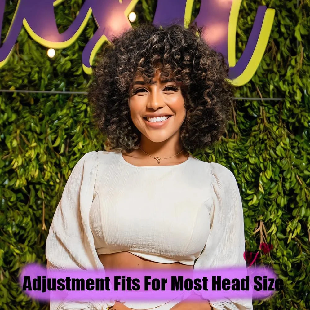 Afro Curly Wigs for Black Women Kinky Curly Wig with Bangs Short Curly Bob 16 Inch Black Brown Natural Looking Synthetic Hair