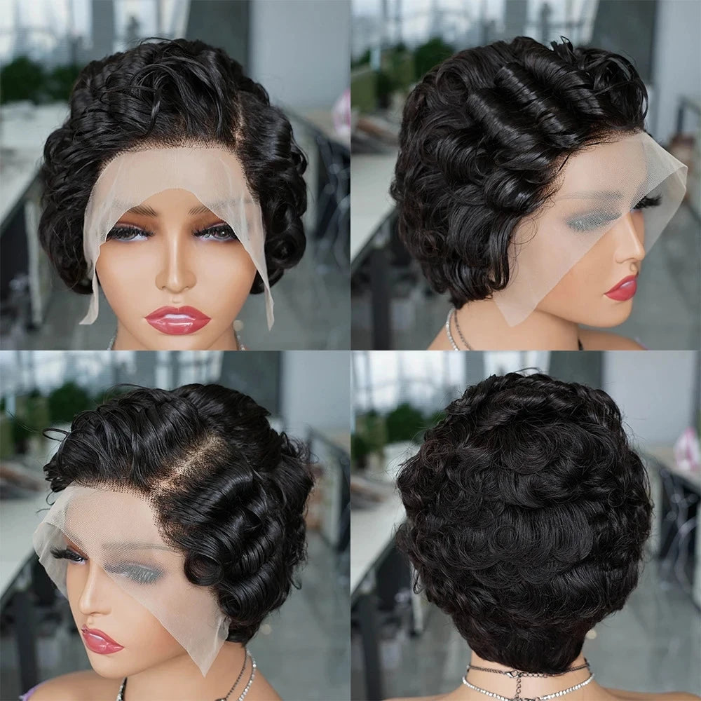 13x4 Short Bob Wig Pixie Cut Curly 100% Human Hair Wig Lace Frontal Human Hair Wigs 180% Density Natural Color for Black Women