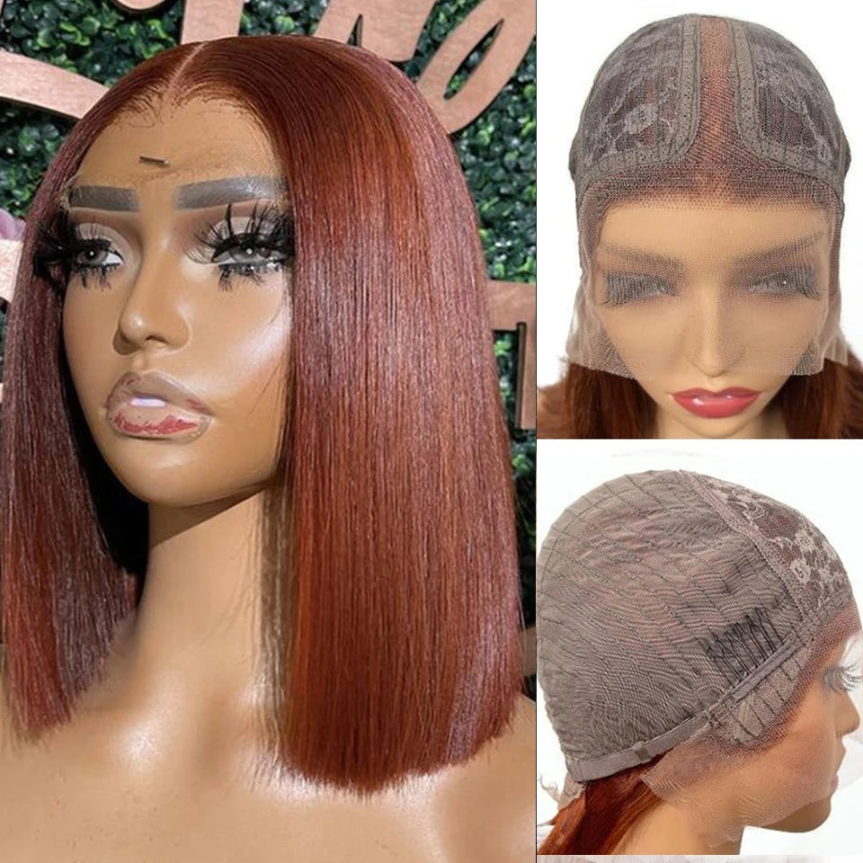 Peruvian Short Brown Color Bob Wig Straight Lace Front Human Hair Wigs For Women Reddish Brown #33 Lace Part Wig With Baby Hair
