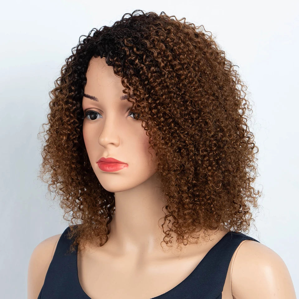 Sleek Peruvian Afro Kinky Curly Human Hair Wigs Human Hair Wig With Bangs Natural Black Jerry Curly Short Bob Wig For Women