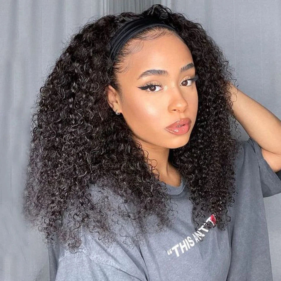 Kinky Curly Human Hair Headband Wig For Black Women 250% Density Glueless Brazilian Remy Jerry Curl Full Machine Made Hair