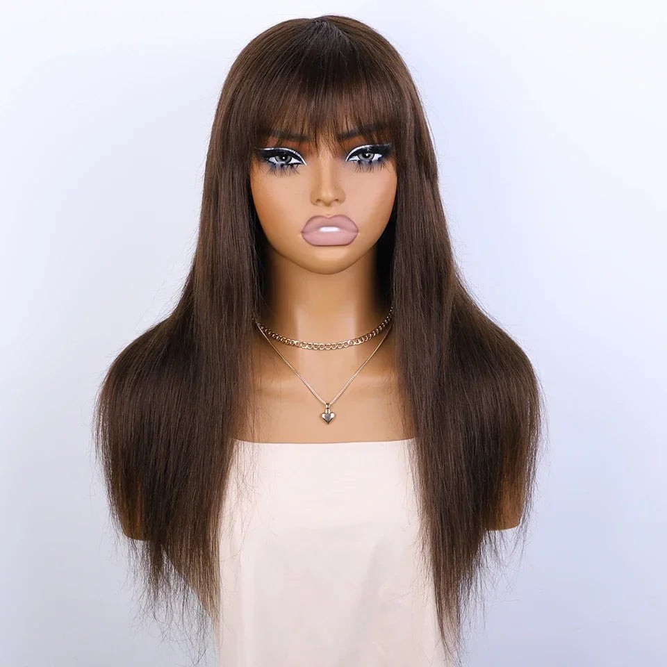 Sleek Natural Brown Long Straight 100% Human Hair Wig With Bangs For Women Brazilian Remy Hair Full Machine Made Daily Wigs