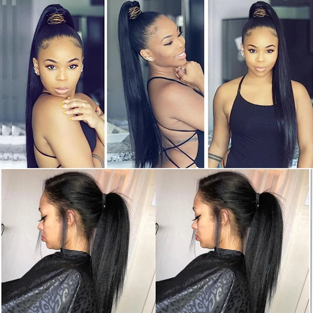 Synthetic Yaki Straight Drawstring Ponytail 26 Inches Drawstring Pony Tail Kinky Straight Ponytail Hair Extension for Women