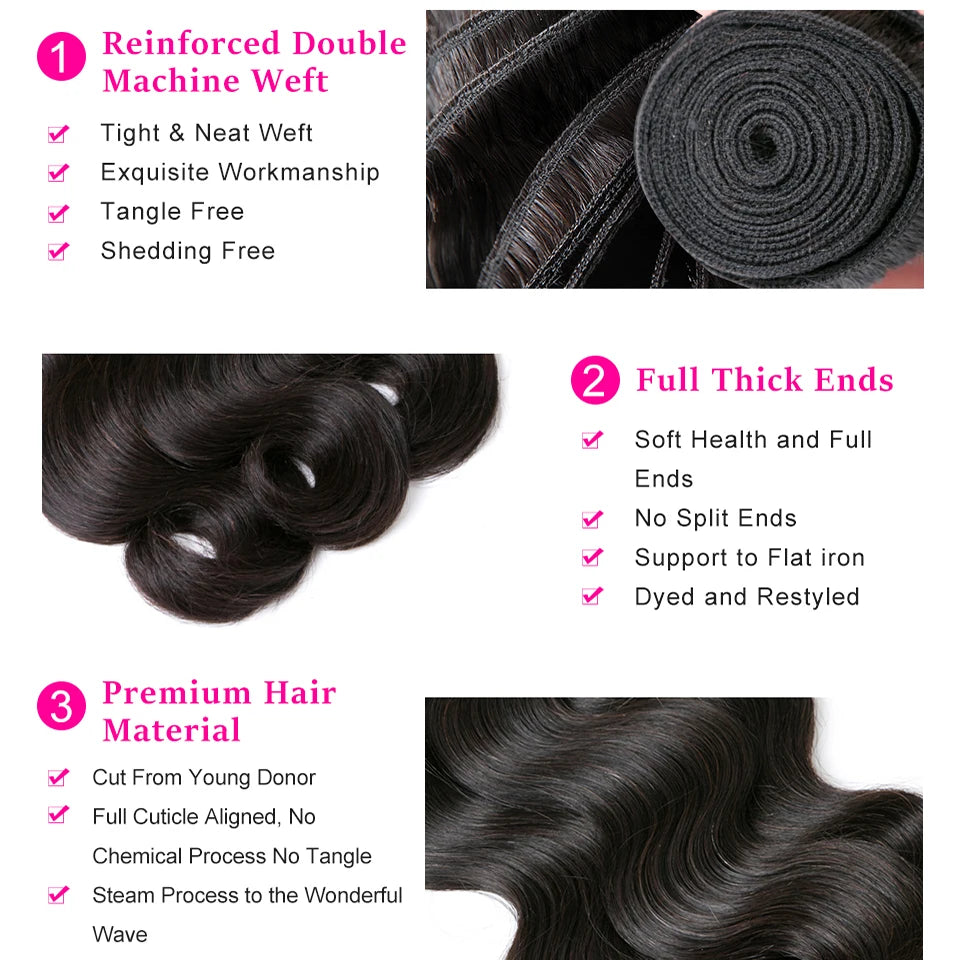 Vanlov Brazilian Body Wave Hair Bundles Human Hair Weave Bundles Natural Black/Jet Black 1/3/4 Piece 8-30” Remy Hair Extensions