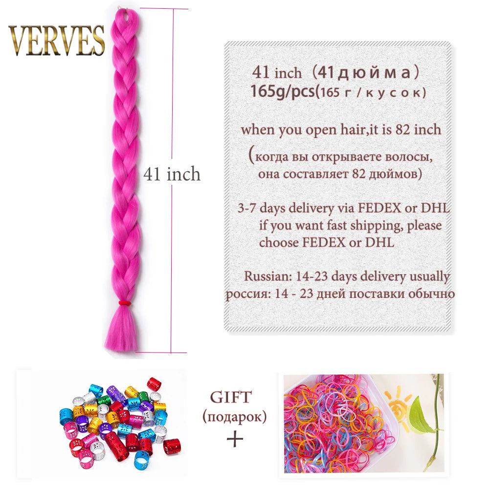 VERVES Braiding Hair 100 cm Synthetic Heat Fiber Braid 165g/Piece Women Pure Color Jumbo Braid Hair Extensions Pink