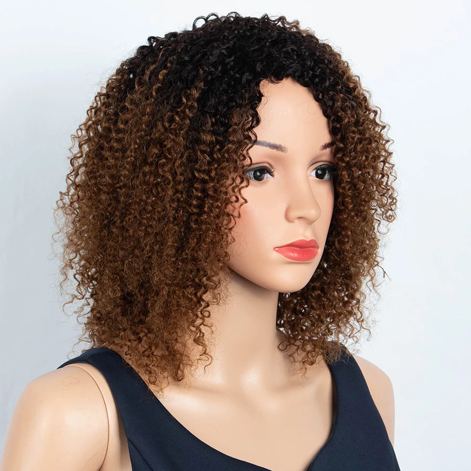 Sleek Peruvian Afro Kinky Curly Human Hair Wigs Human Hair Wig With Bangs Natural Black Jerry Curly Short Bob Wig For Women