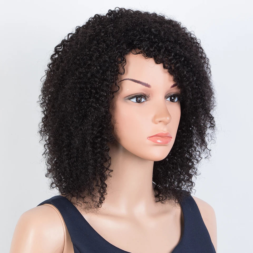 Sleek Peruvian Afro Kinky Curly Human Hair Wigs Human Hair Wig With Bangs Natural Black Jerry Curly Short Bob Wig For Women
