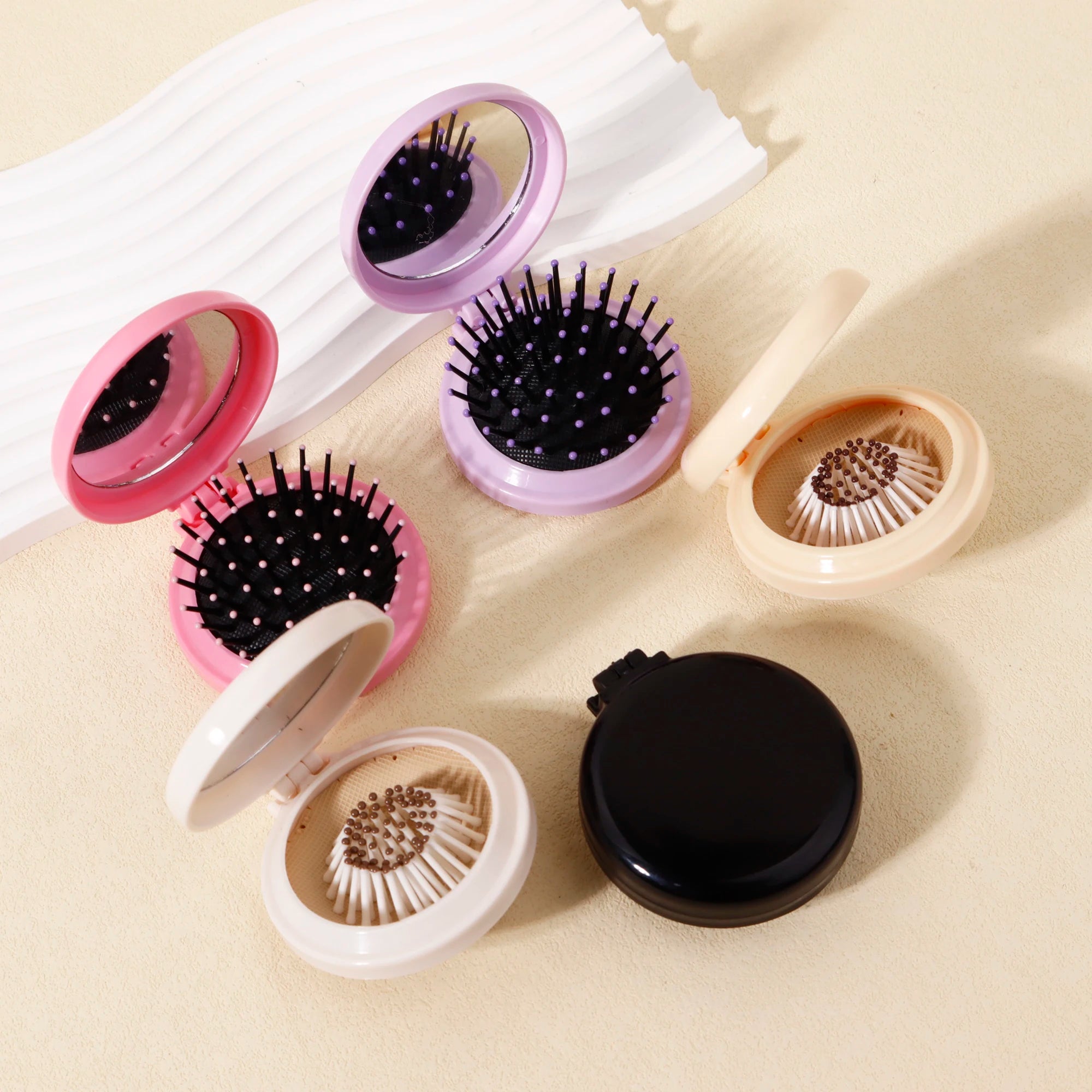 5pcs foldable airbag comb,foldable pocket comb with mini makeup mirror,integrated flip cover design,Special for real hair wigs