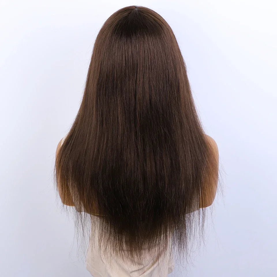 Sleek Natural Brown Long Straight 100% Human Hair Wig With Bangs For Women Brazilian Remy Hair Full Machine Made Daily Wigs