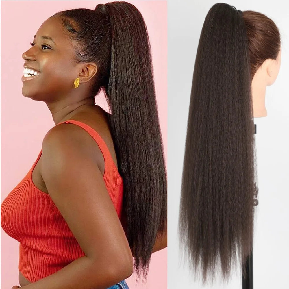 Synthetic Yaki Straight Drawstring Ponytail 26 Inches Drawstring Pony Tail Kinky Straight Ponytail Hair Extension for Women