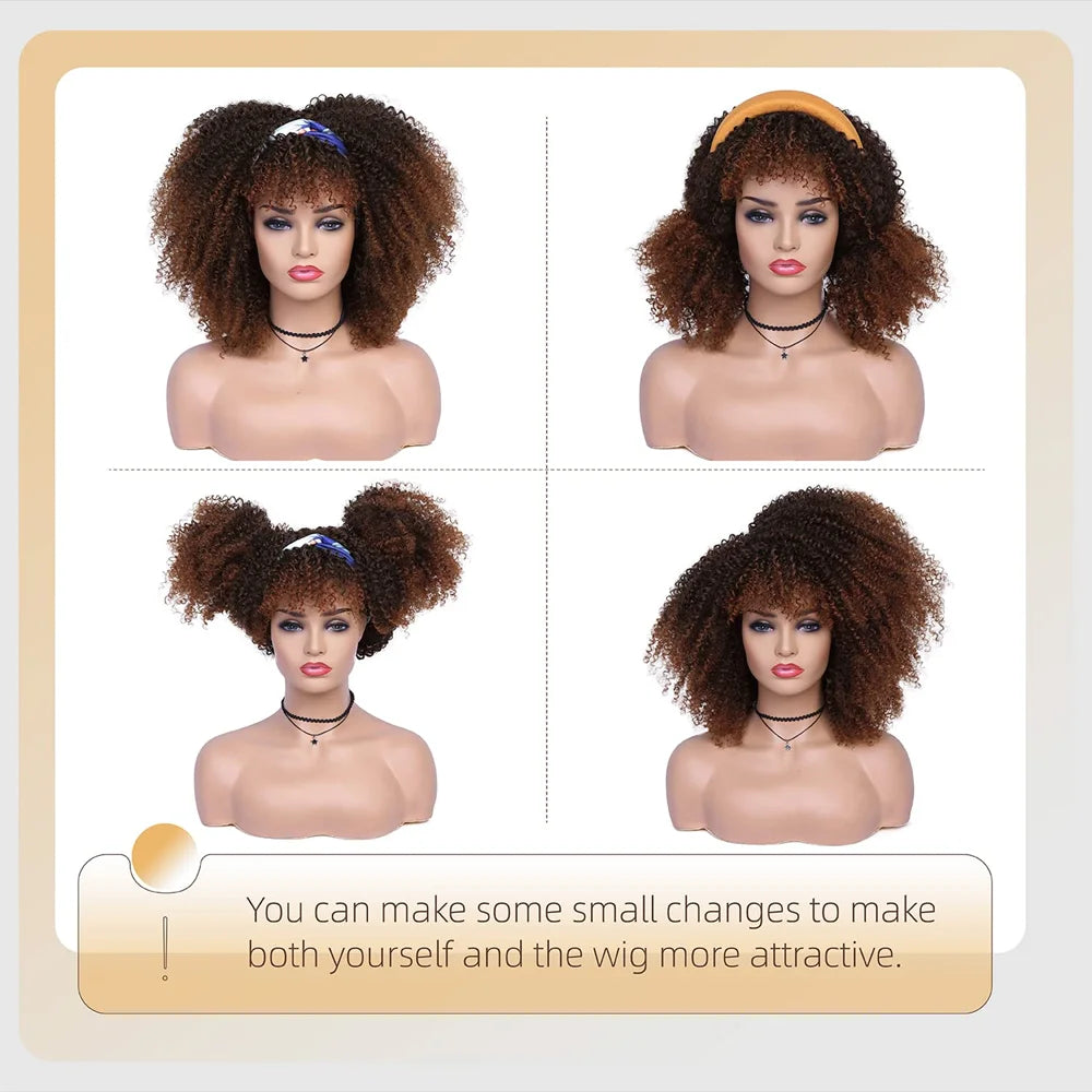 Afro Curly Wigs for Black Women Kinky Curly Wig with Bangs Short Curly Bob 16 Inch Black Brown Natural Looking Synthetic Hair