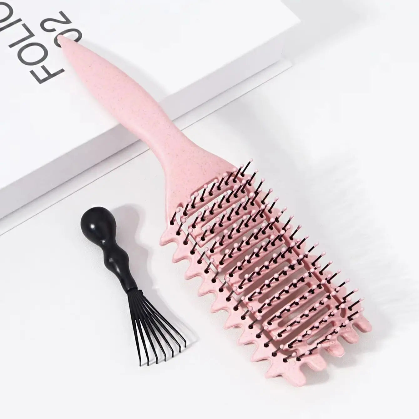2pcs hollowed out curly hair styling brush with comb cleaner set,reducing frizz and breakage Special for real hair wigs
