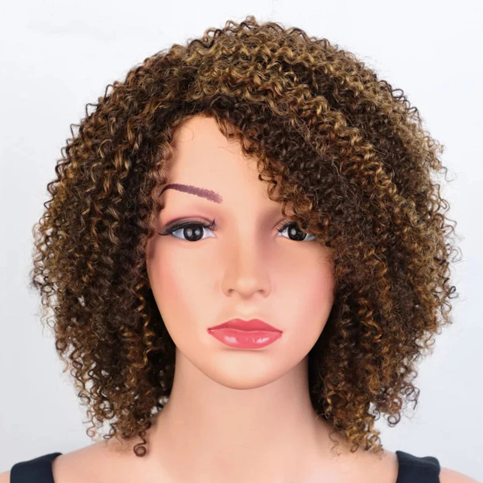 Sleek Peruvian Afro Kinky Curly Human Hair Wigs Human Hair Wig With Bangs Natural Black Jerry Curly Short Bob Wig For Women