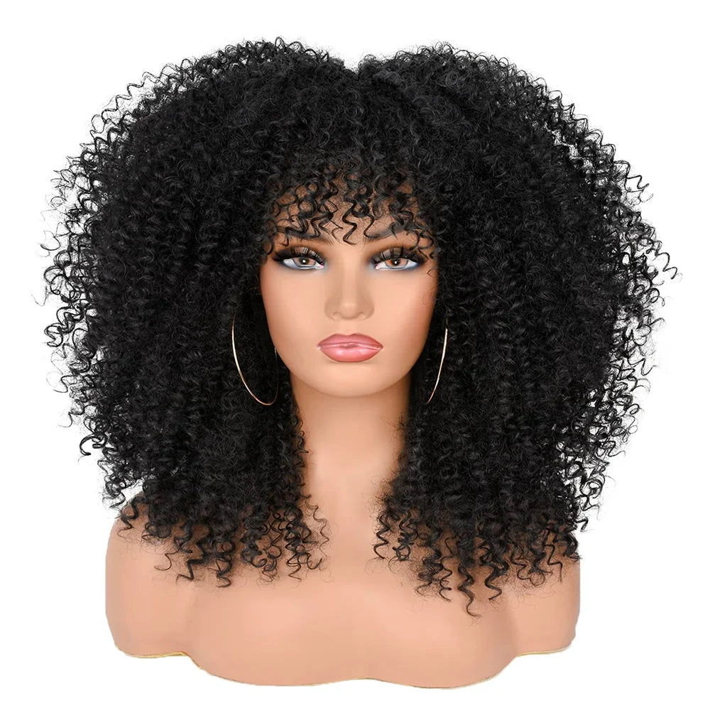 Afro Curly Wigs for Black Women Kinky Curly Wig with Bangs Short Curly Bob 16 Inch Black Brown Natural Looking Synthetic Hair