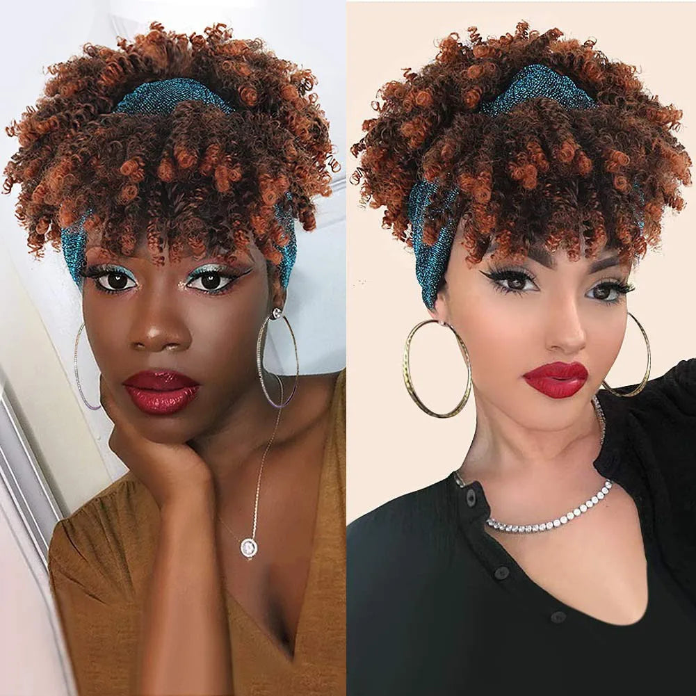 Short Afro Curly Wigs with Bangs Wrap Headband Wigs 2 in 1 Synthetic Turban Wig Afro Scarf Wig 4inch Natural Curly Cosplay Wig