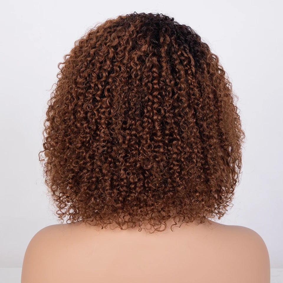 Sleek Afro Kinky Curly Human Hair Wigs Ombre Highlight Human Hair Wig With Bangs Colored Brazilian 4a Curly Bob Wig For Women