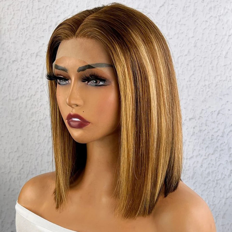 Peruvian Short Brown Color Bob Wig Straight Lace Front Human Hair Wigs For Women Reddish Brown #33 Lace Part Wig With Baby Hair