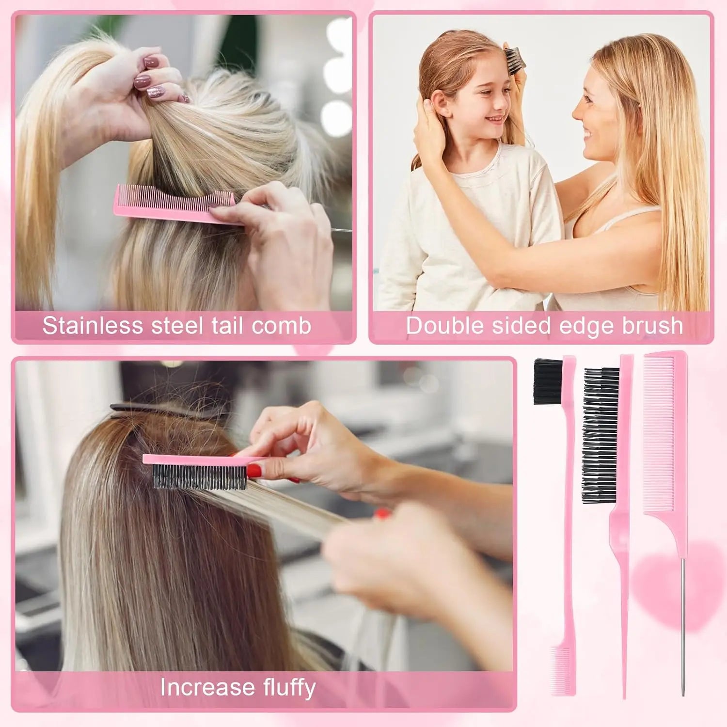 2025 New 14 Pcs Slick Back Hair Brush Set, Bristle Hair Brush with Spray Bottle,Hair Clip,Edge Brush for Women(Pink)