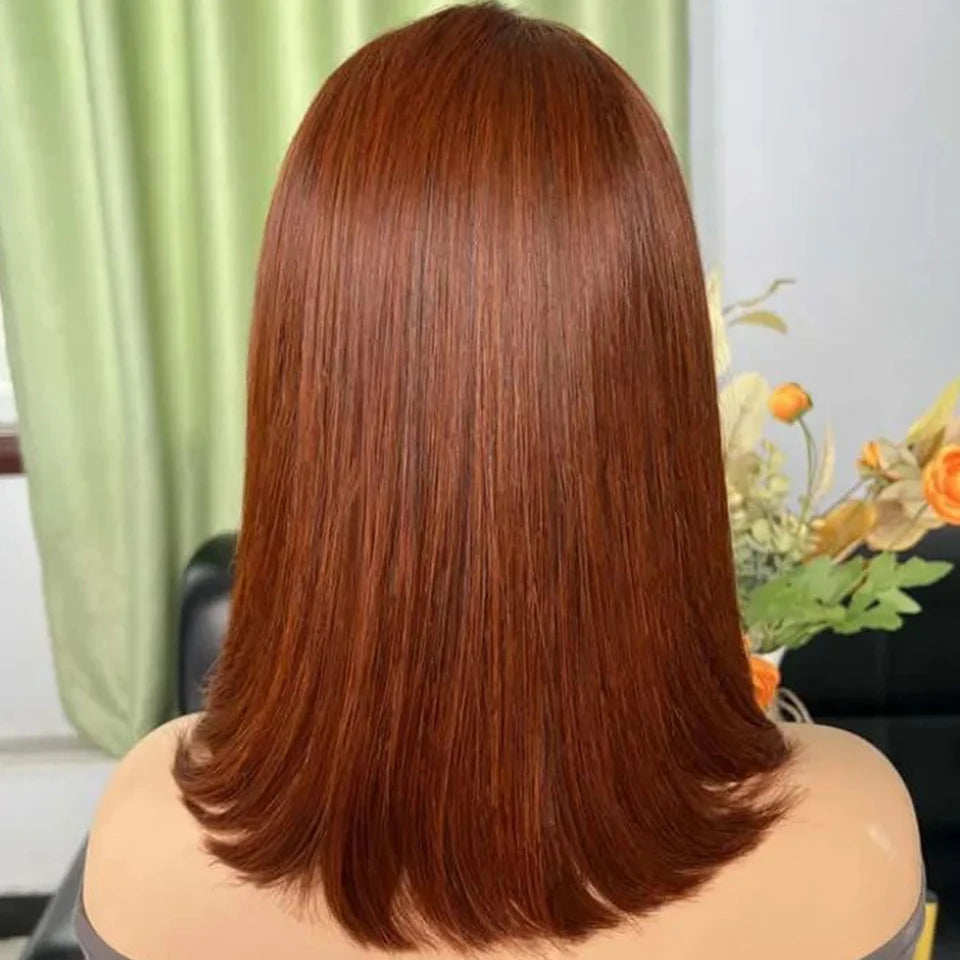 Peruvian Short Brown Color Bob Wig Straight Lace Front Human Hair Wigs For Women Reddish Brown #33 Lace Part Wig With Baby Hair